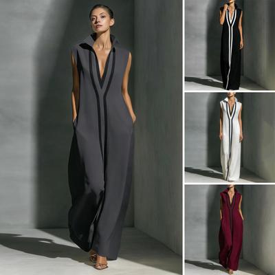 Mouwloze damesjurk met opstaande kraag, V-hals, lange jurk, losse pasvorm, elegante polyester jurk met geometrische print, geschikt voor dagelijks gebruik.