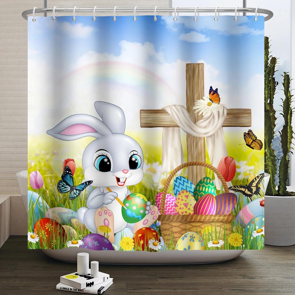 Spring Easter Shower Curtain Happy Rabbit Bunny Eggs Flower Garden Floral Holiday Waterproof Bathroom Shower Curtain With Hooks