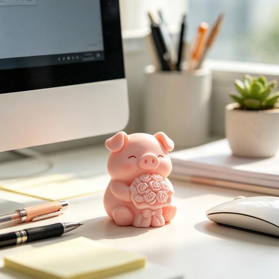 Three Dimensional Pig Figurine 3D Printed with Flower Bouquet, Cute Piglet Desktop Home Office Table Decor Ornament, Creative And Statue for