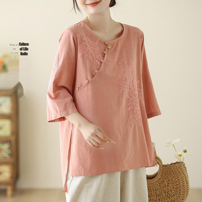 Women s Summer Cotton Linen Shirt with Heavy Embroidery - Chinese Ethnic Style Retro Top L