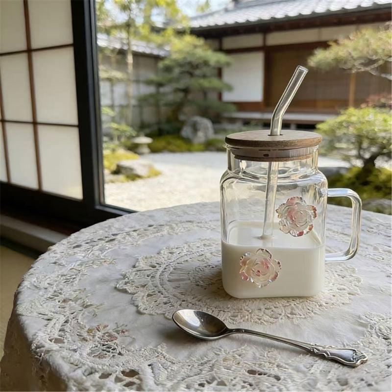 Premium Glass Tumblers With Ergonomic Handle And Straw Wooden Lid For Hot and Cold Drink Juice Coffee Tea Drinking Mug