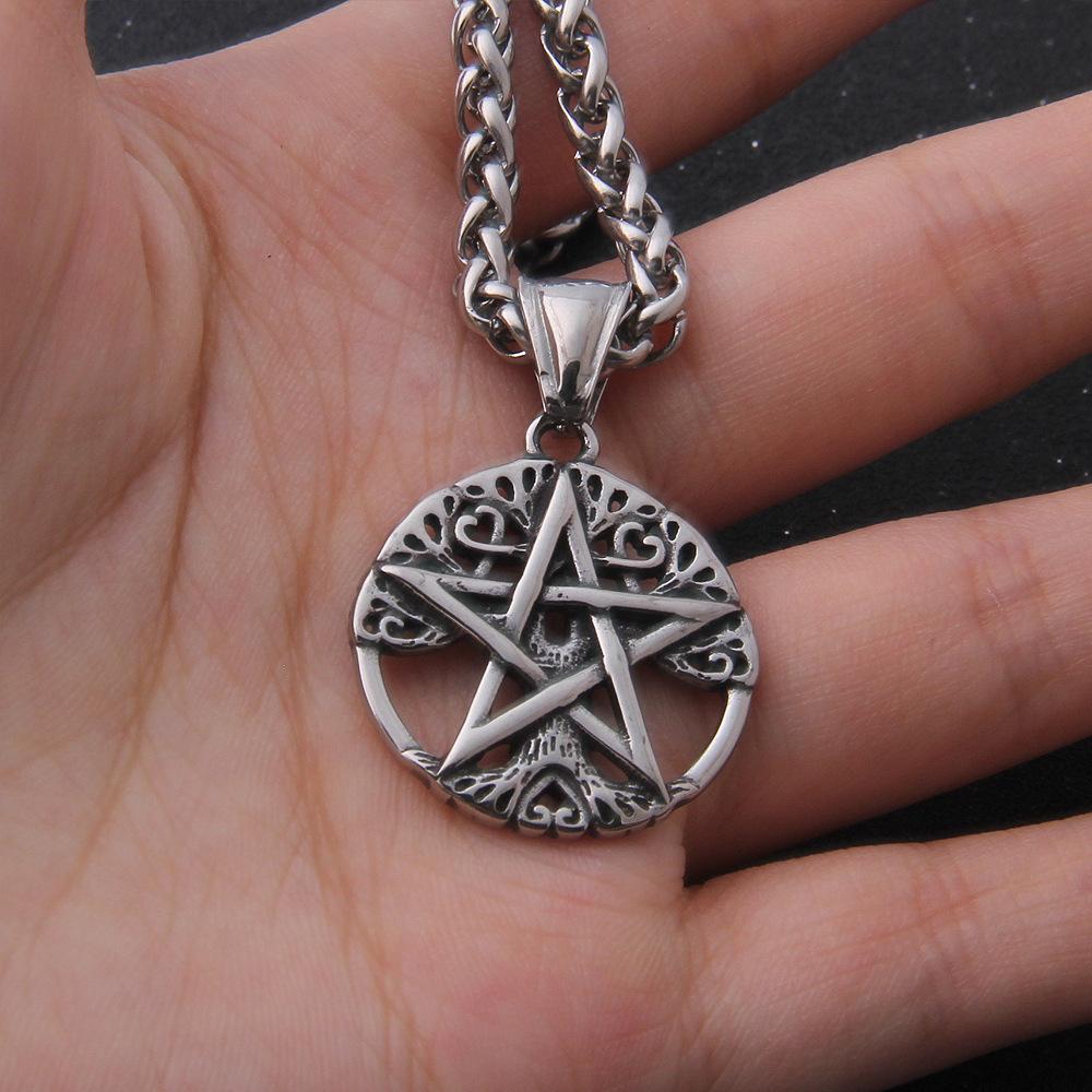 Vintage Viking Tree of Life Pentagram Necklace Stainless Steel Yggdrasil Pentacle Pendant Wiccan Pagan Amulet for Men Women
