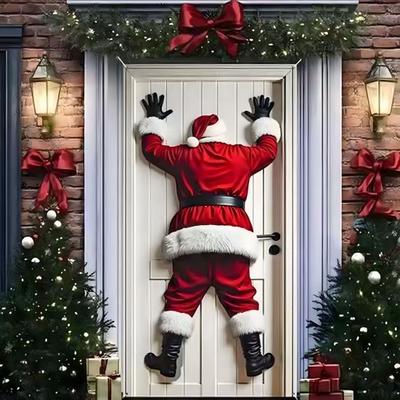 Couvre-porte de Noël Drôle Père Noël/Gnome/Bonhomme de neige/Couronne Fond à suspendre Bannière de porte 70" x
