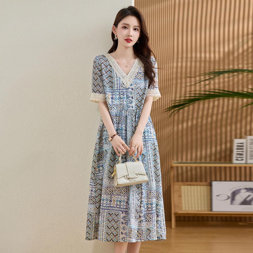 Retro sukienka w print damska letnia nowy design luźna w talii i wyszczuplająca casualowa spódnica