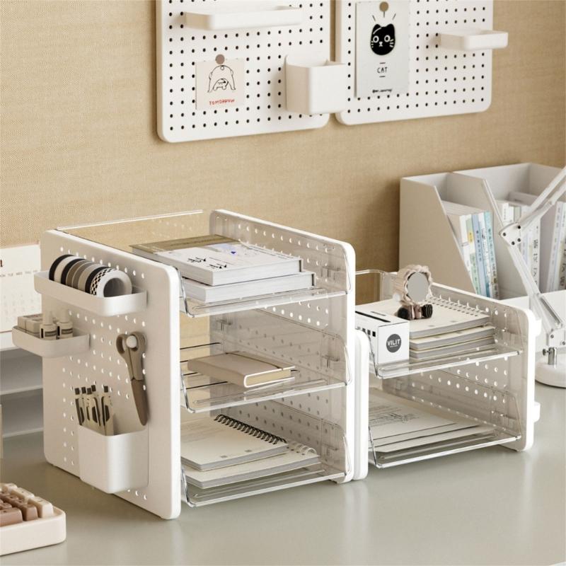 Multifunctional Desktop Organizer 2/3 Tiered File Tray Stackable Paper Letter Tray Organizers With Pen Cup and Pegboard
