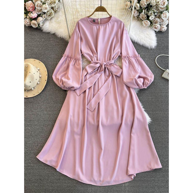 

Spring and Autumn Socialite Lantern Long Sleeve A- line Dress Pink All yards