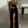 Women's Short-sleeved Off-shoulder Strappy Hem Slit Long Dress