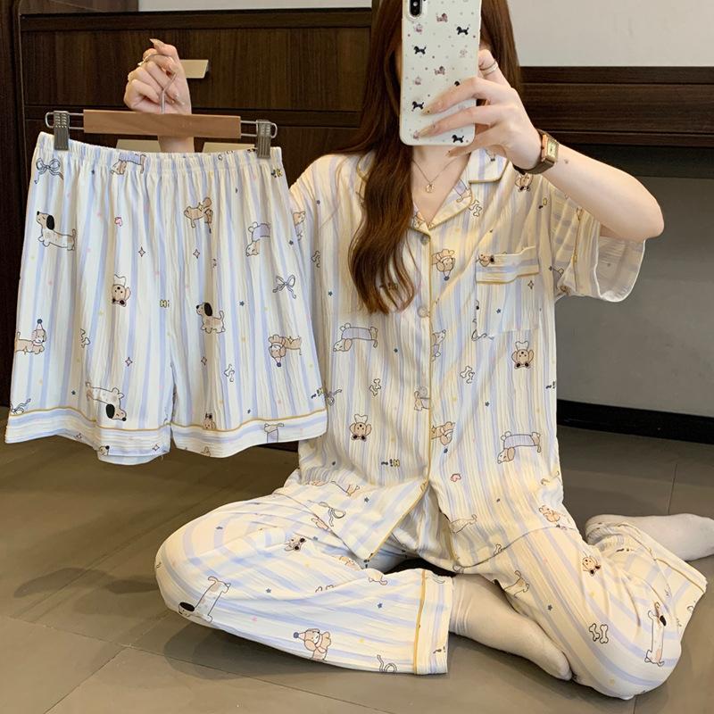 Salt Style Dachshund Dog Pajamas Women'S Summer Short-Sleeved Cartoon Wrinkled Cloth Loungewear Three-Piece Set