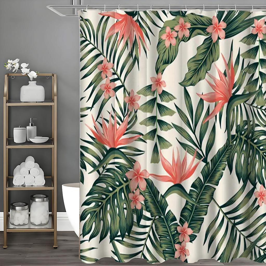 Tropikalna botaniczna zasłona prysznicowa, Zielona palma liść bananowca różowe kwiaty las deszczowy botaniczny naturalny vintage styl bohemy F