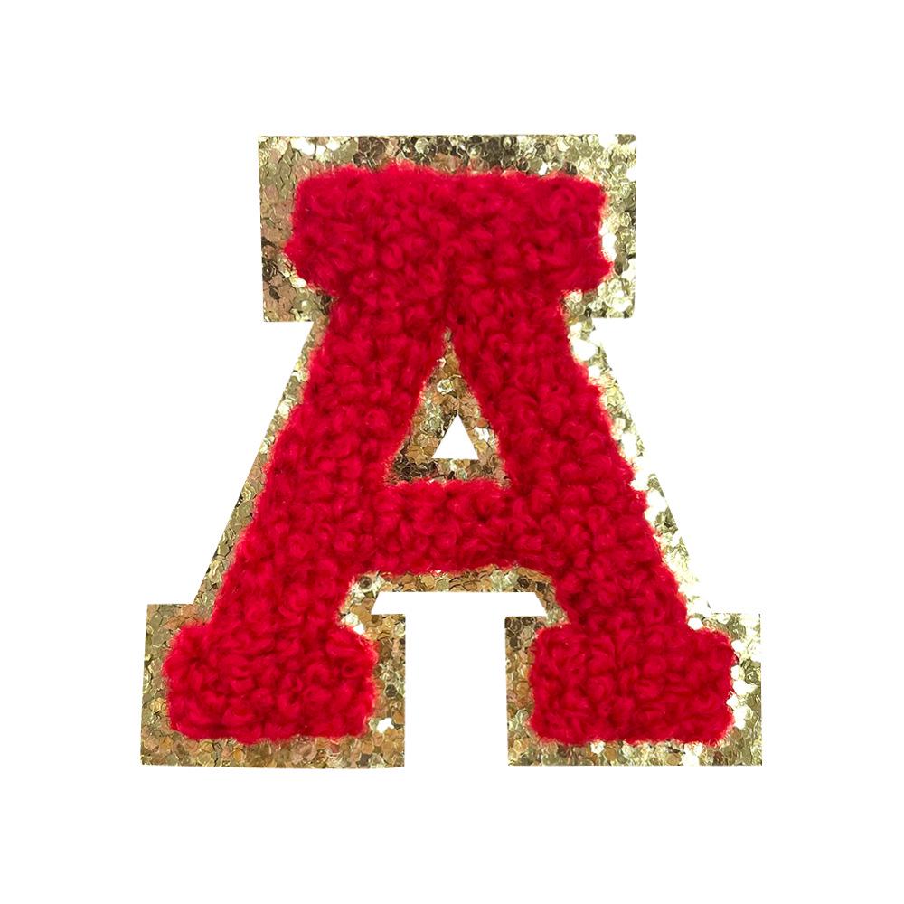 Red A-Z Chenille Embroidery Letter Patches, 5cm Self-Adhesive for DIY Clothing.