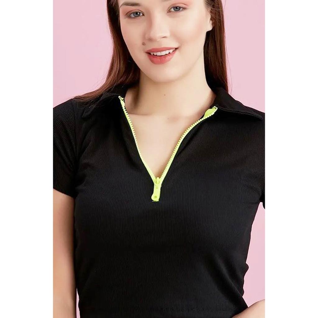 Polo Collar Neon Zipper Camisole Blouse
