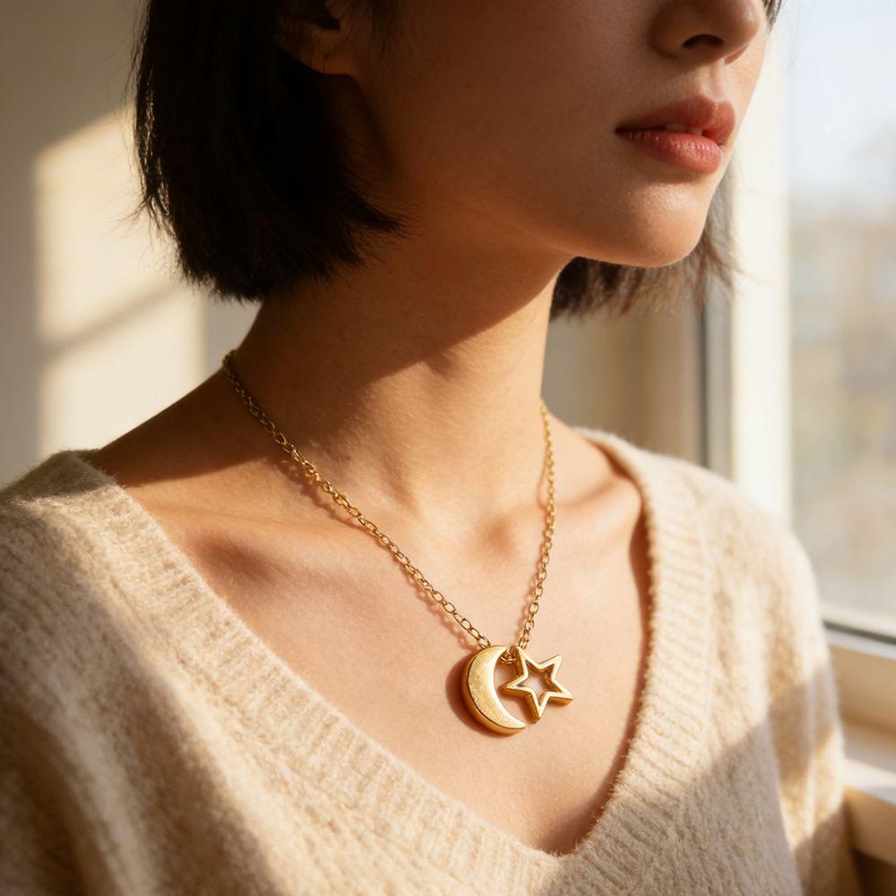 Pentagram Star Moon Necklace Stainless Steel Couple Neck Chain Valentine's Day Necklace Girl