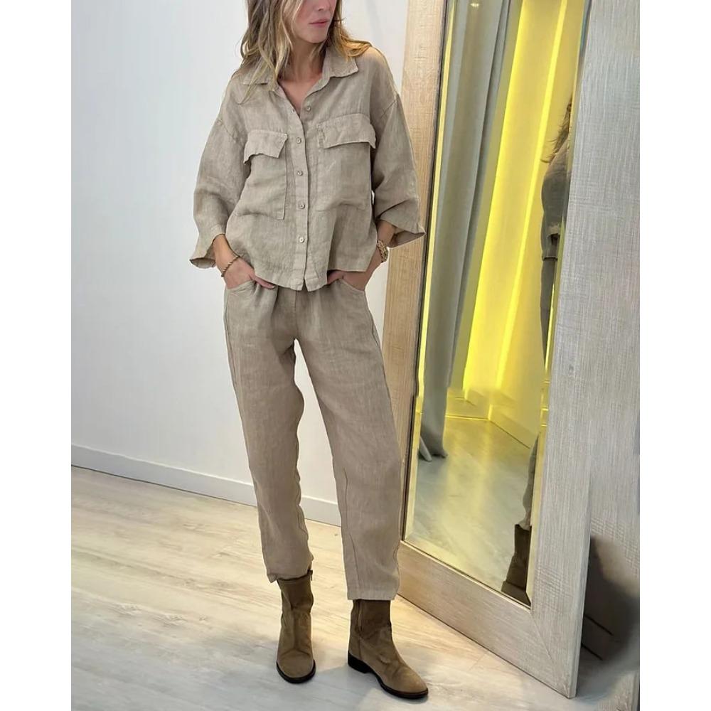 Summer New Women's Two-piece Shirt Set High-waisted Loose Nine-inch Pants