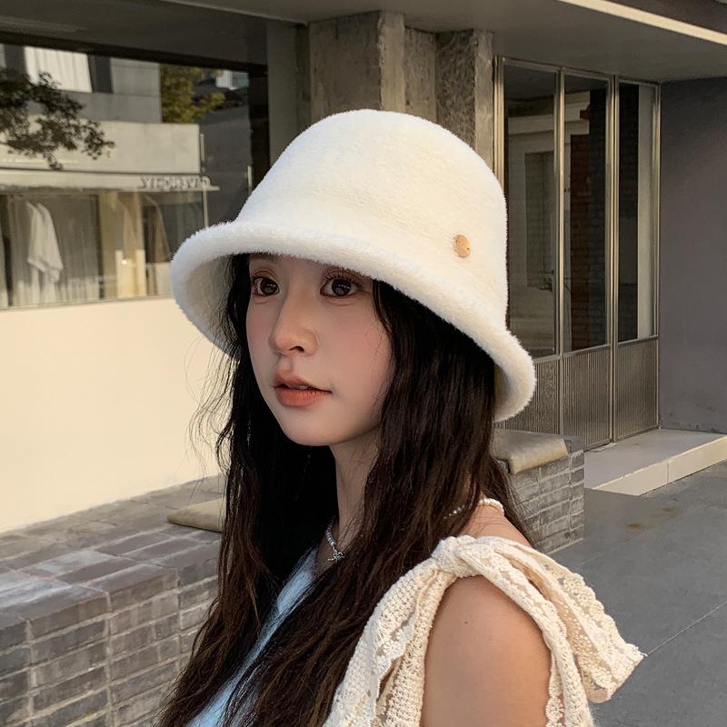 Autumn And Winter Knitted Basin Hat Women S Fashion Casual Bucket Hat Imitation Mink Plush Hat Crimped Warm Ear Hat M(56-58cm)