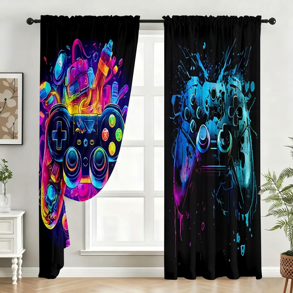 2PC Neon Graffiti Gaming Controller Curtains - Vibrant Abstract Print Window Drapes for Boys Bedroom Game Room Decor