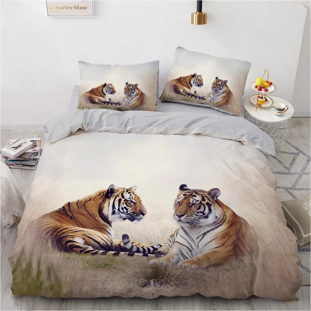 3D Bedding Set Black Duvet Quilt Cover Set Comforter Cover Pillowcase King Queen Size Animal Tiger Printed Polyester Quilt Cover