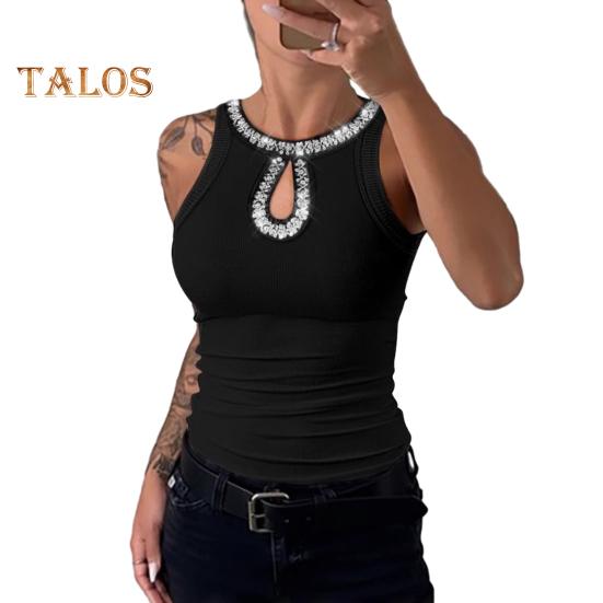 

Женский жилет с круглым вырезом без рукавов, блестящие блестящие украшения, топы, ажурный дизайн, облегающий топ, повседневная одежда 2XL чёрный