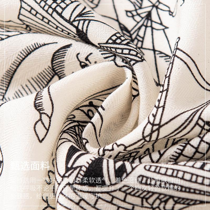 Silk Wool Black and White Cartoon Wool Scarf Silk Scarf Mulberry Silk Large Square Scarf Autumn and Winter Warm and Elegant Ladies Square Scarf