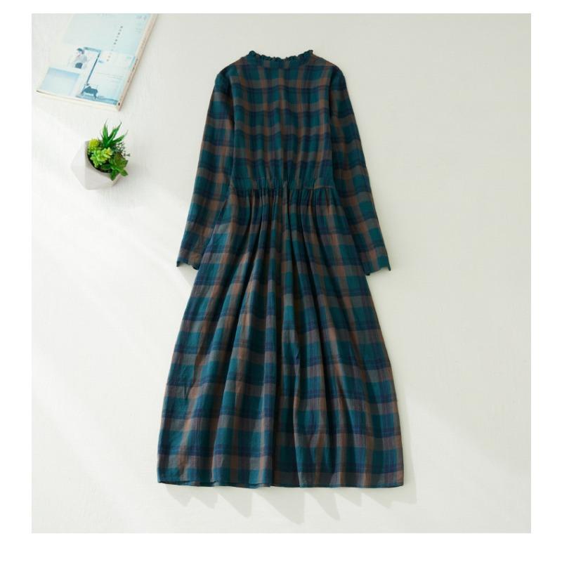 Herbst Plus Retro Taillenbetonendes Schlankmachendes Schnürkleid in Midi-Länge mit Karomuster für Damen Freizeitkleider