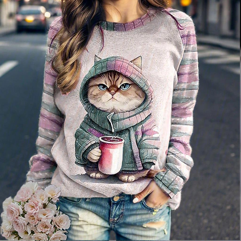 Women's Crew Neck Striped Cat Raglan Long Sleeve Graphic Print Pullover Casual V Neck Womens Tees Pack Womens Dress Shirt Button