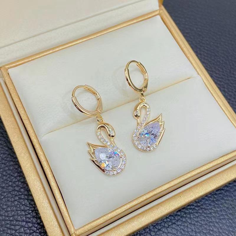 Luxurious European & American-Style Zircon Swan Pendant Earrings with Copper Inlay - High-End Animal Design.