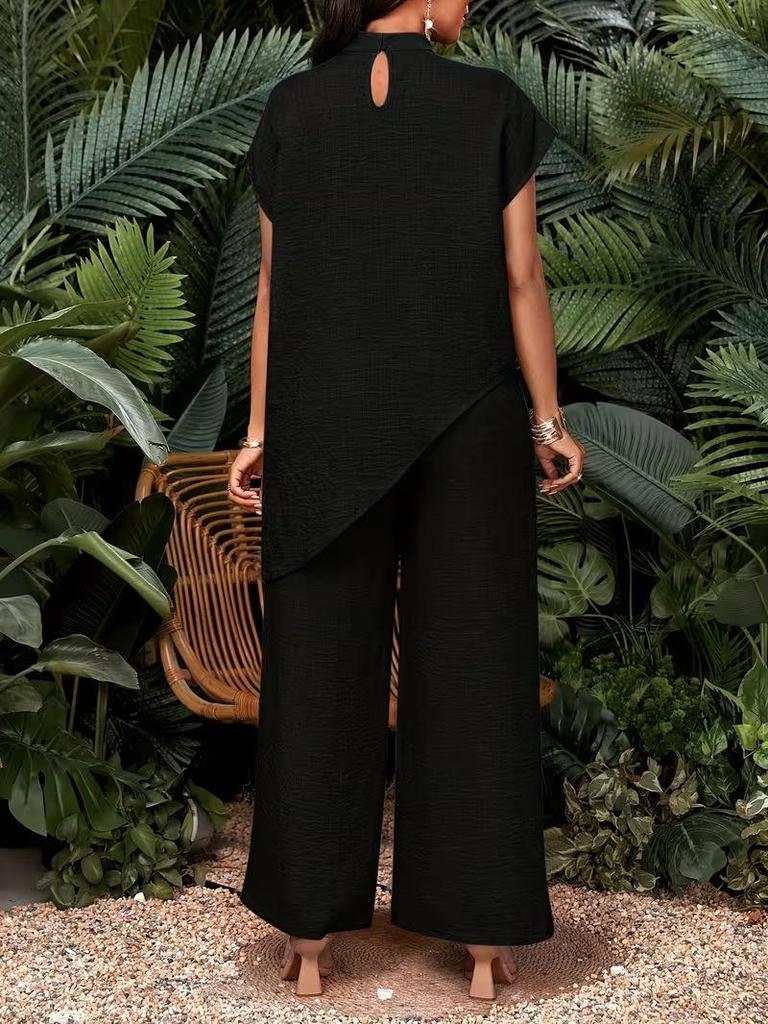 Women's Casual Asymmetrical Hem Two-Piece Set: Solid Color Top and Pants