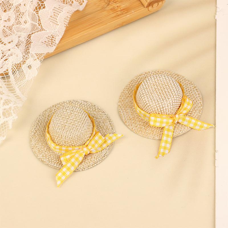 2Pcs Mini Miniature Straw Hat With Bow Doll Ornament Straw Hat Doll House Hand Weaved Dollhouse Accessories
