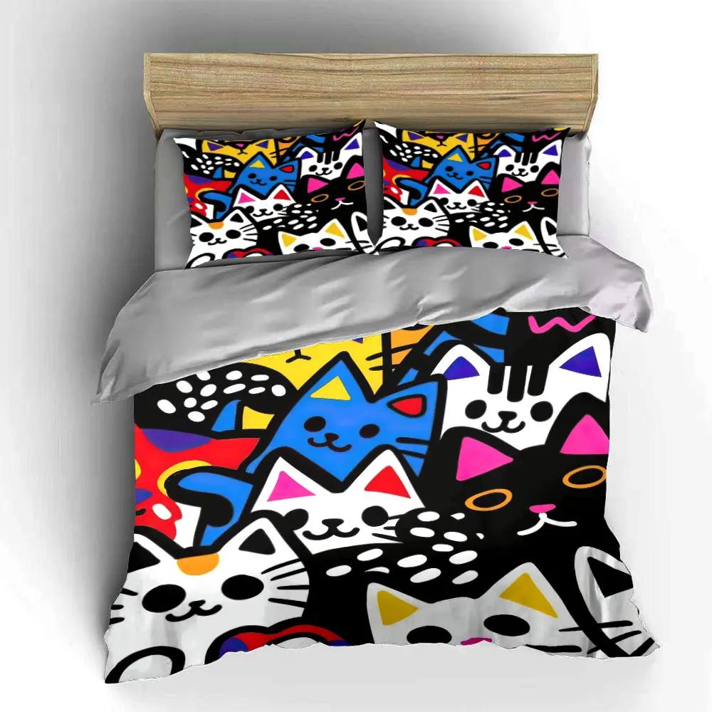 Colorful Cat Art Decor Set Soft Comfortable Duvet Cover Bedding Set Included 1*Duvet Cover & 2*Pillowcases gift