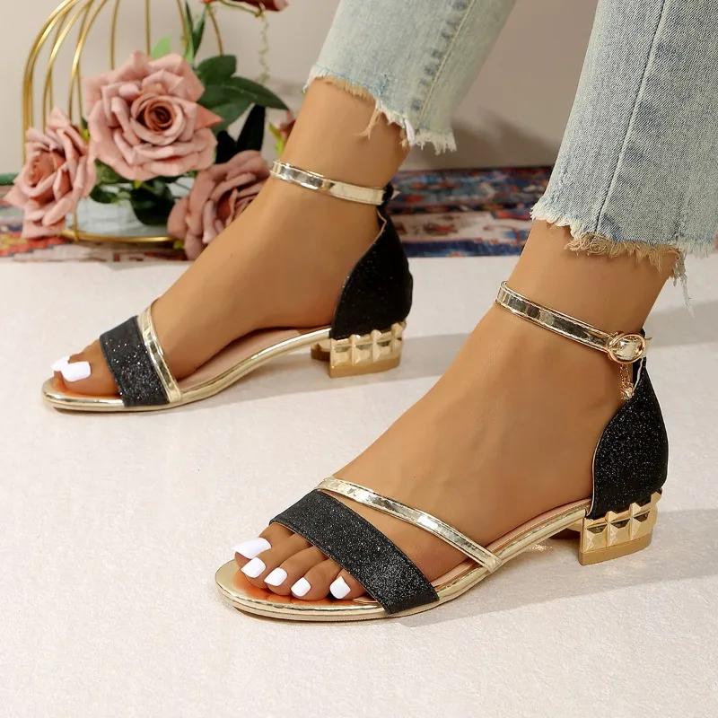 2025 Summer Plus Size Women's Modern Cover Heel Sandals Ankle Buckle Strap Shoes Bling Crystal Low Heel Dress Sandals