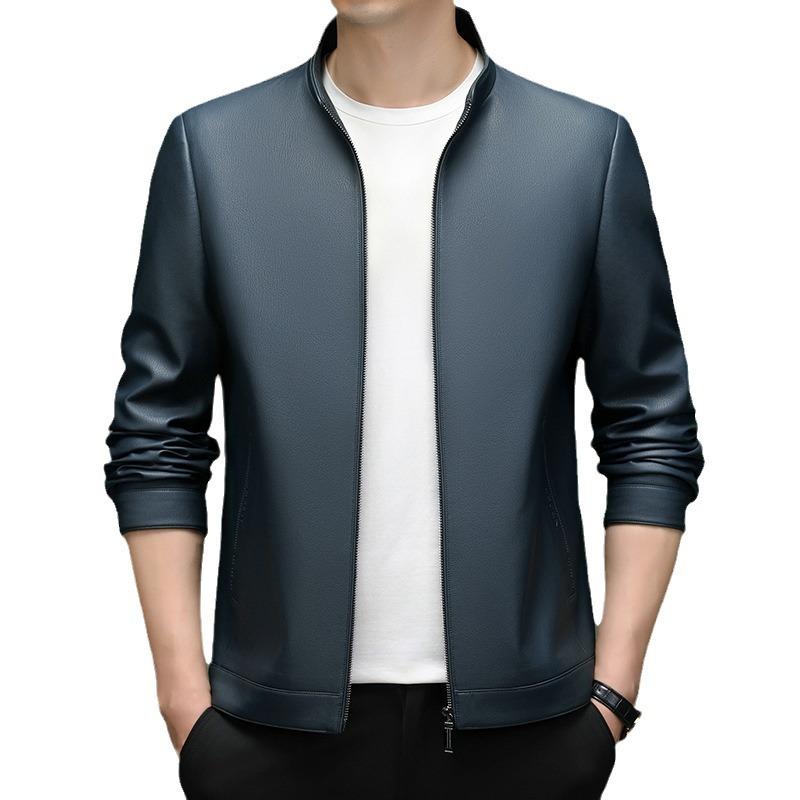 Men's Leather Jacket Autumn and Winter New Medium Business Casual Simple Stand Collar Short Soft Leather Jacket Men's Clothing