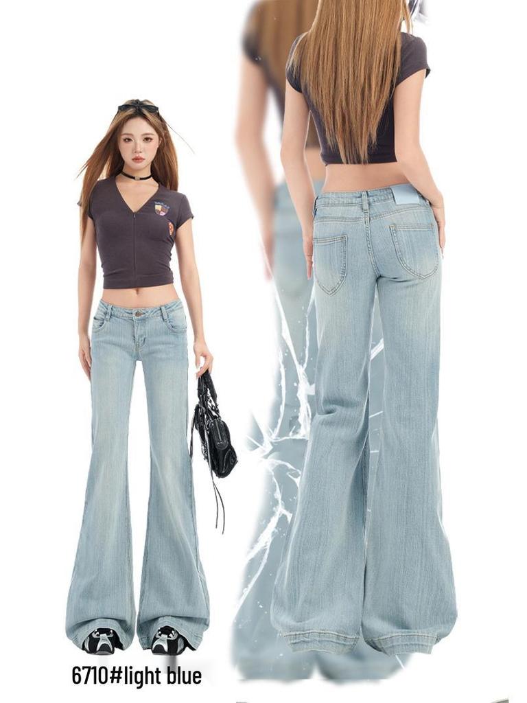 Light Blue Women's Retro Low Waist Micro Flare Jeans with Bamboo Texture - Elastic and Slimming Hot Girl Style