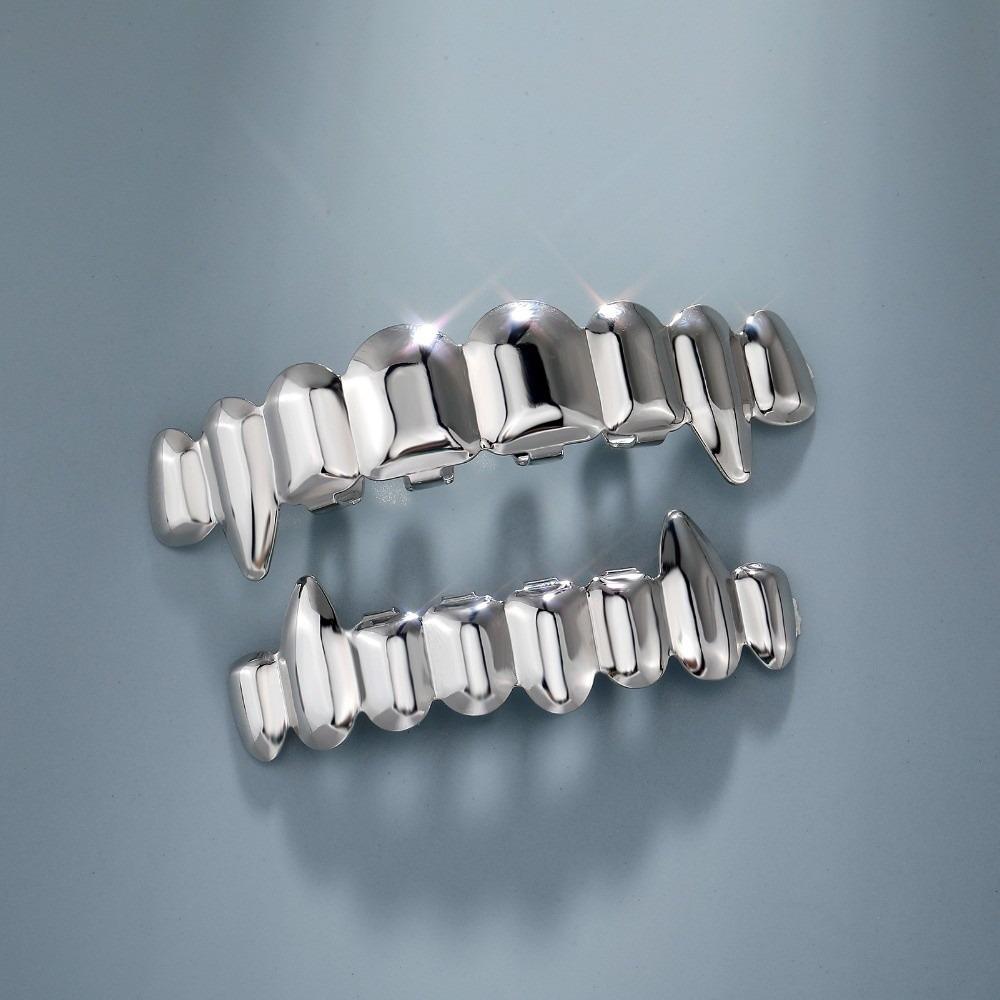 Set Completo Superior e Inferior de Dientes Grillz Hip Hop 8/8 Colmillos Antideslizantes Dientes Brillantes Joyería Dental Ecológica de Cobre Plata Para Mujeres Hombres