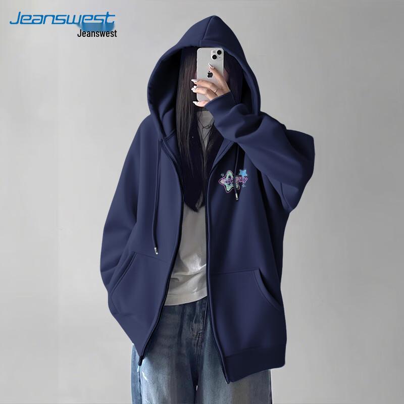 JEANSWEST 2025 Women's Loose Hooded Zip Sweatshirt