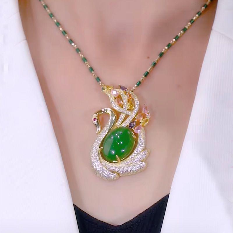New Pendant Jasper Swan Opal Full Diamond Necklace Women's Fashion Collarbone Chain Versatile Clothing Pendant