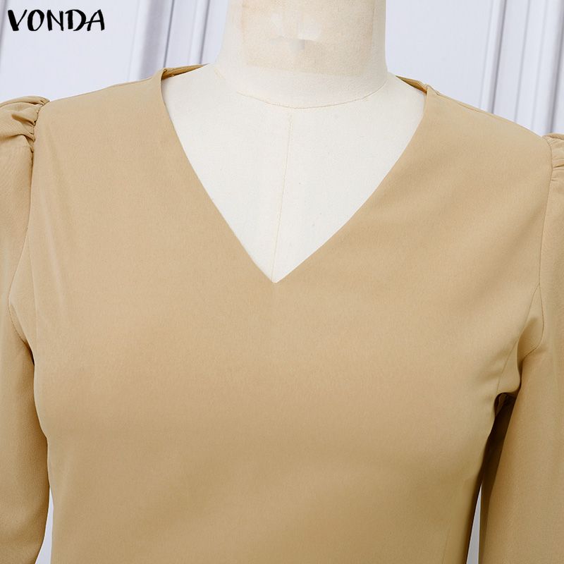 VONDA Elegant Women Casual V Neck Long Sleeve Midi Long Office Dress