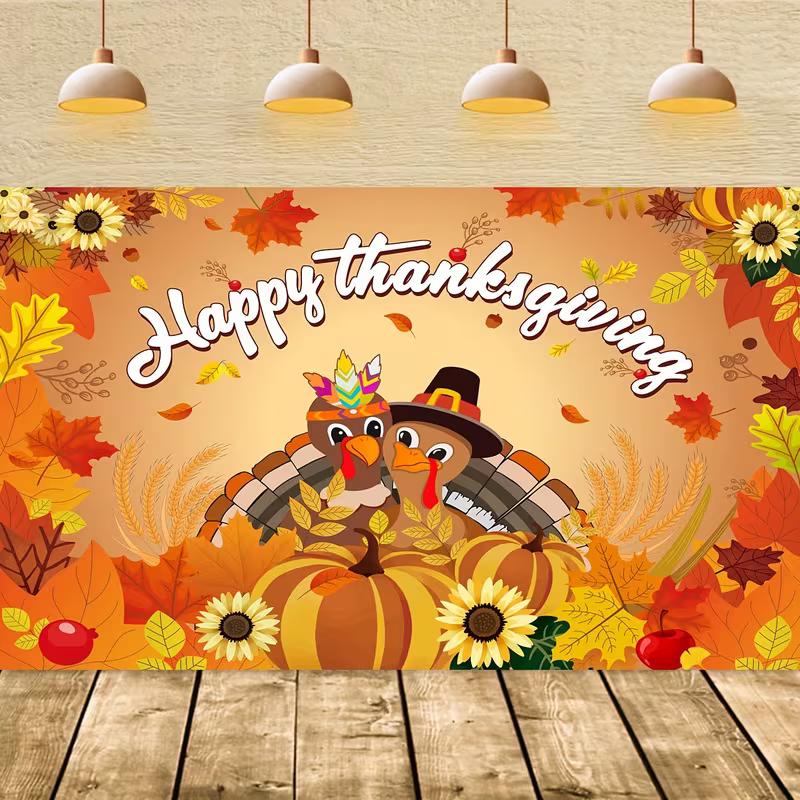 2D Thanksgiving Background Cloth with Happy Thanksgiving Text & Cartoon Turkeys Banner 47.2x31.5inch/120*80cm