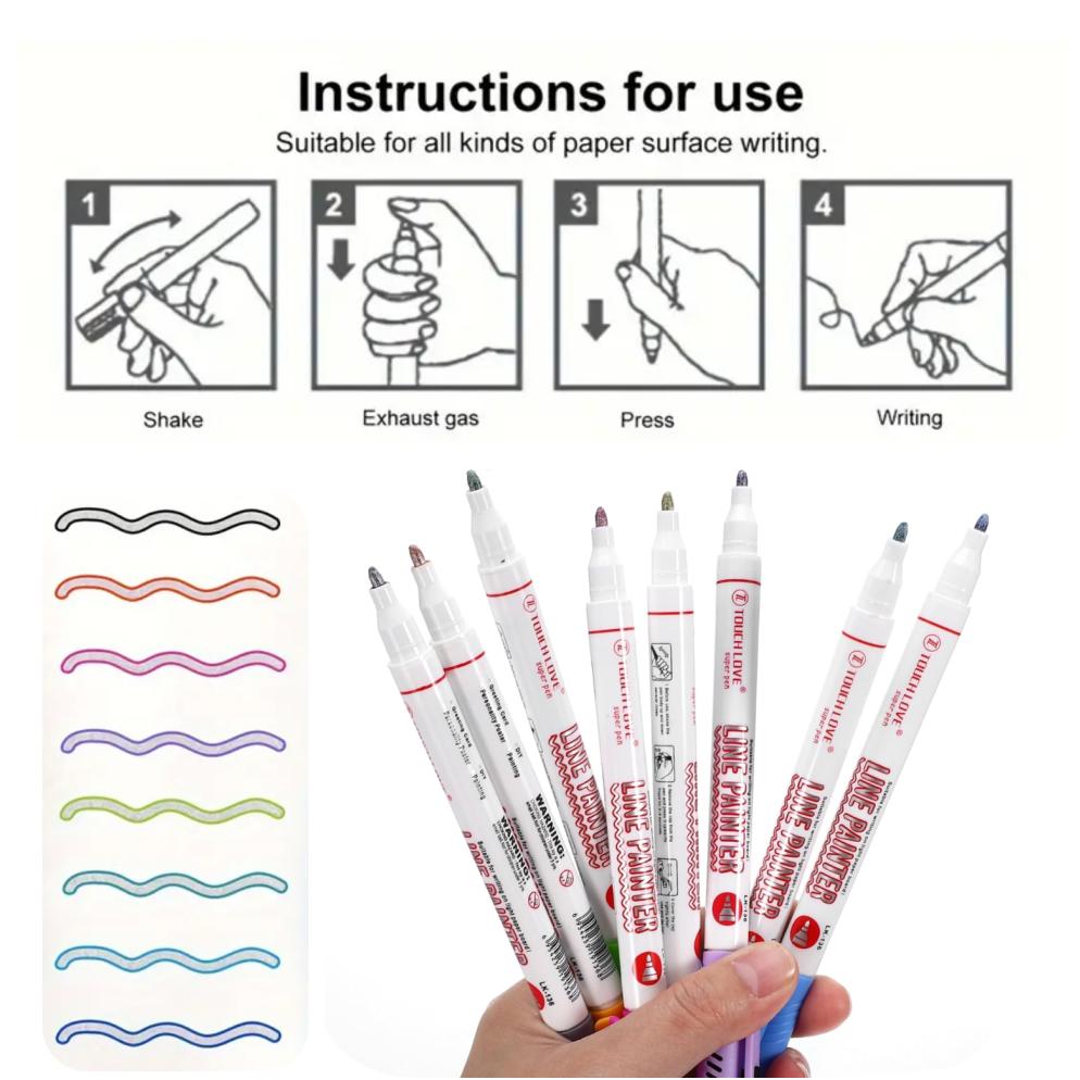 8pcs Shimmer Markers Outline Pens- Self Outline Metallic Markers,Double Line Pen for Art Drawing Greeting Cards Gifts