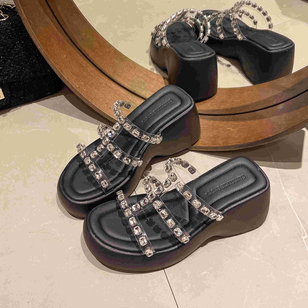 Thick-bottomed rhinestone transparent cool slippers for women to wear new summer muffin versatile casual one-word drag