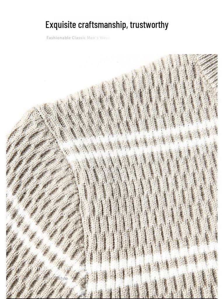 Men's Striped Knitwear: 2025 Autumn/Winter Collection - Stretchy, Thick, Versatile, Casual Round Neck Base Layer