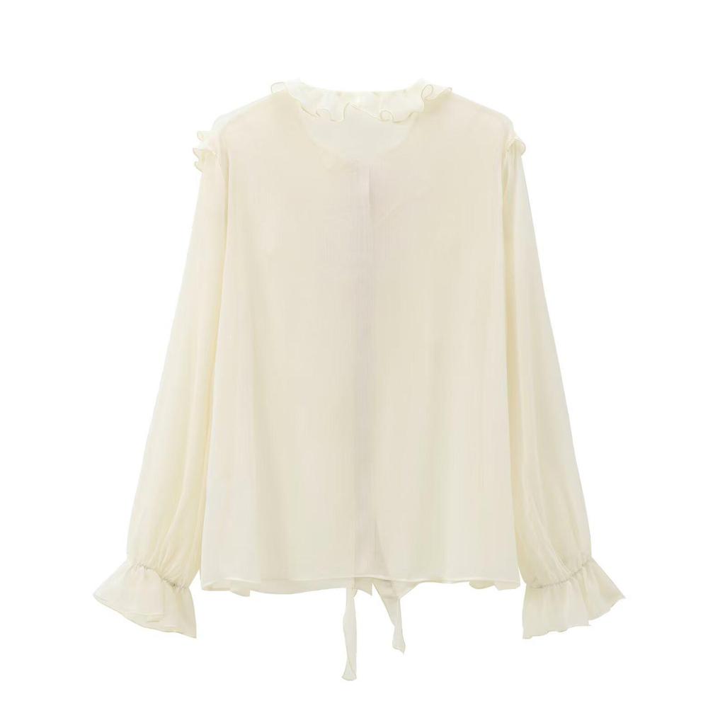 Women's White Ruffled Semi-Transparent Round Neck Tie Long Sleeve Layered Shirt - New French Autumn Design