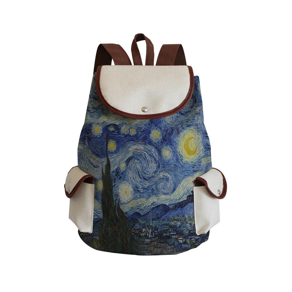 Wind Creative Van Gogh Oil Painting Print Backpack, Large-Capacity Student Schoolbag, Portable Travel Backpack