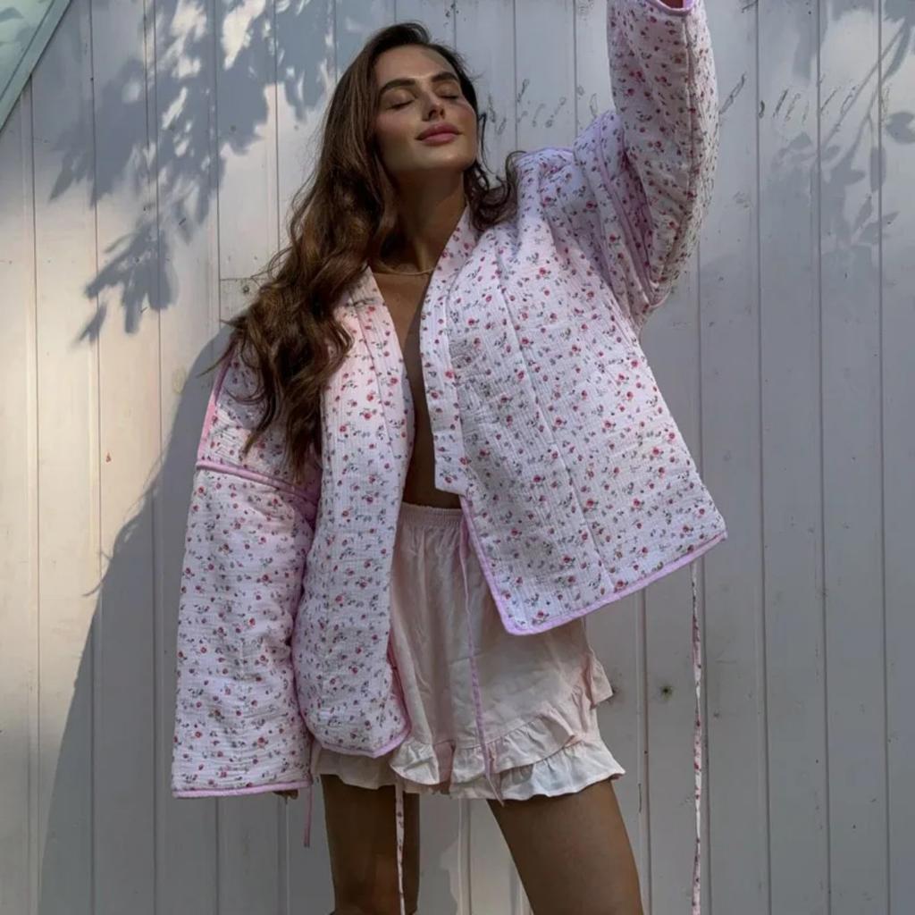 VAYLA Floral Printed Women's Cardigan Cute Lace up Pink Women Coat Casual Loose Autumn Warm Coats Fashion New Ladies Coats Outerwear
