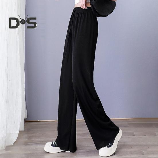 Damen Freizeithose, elastische Taille, verstellbarer Kordelzug, einfarbig, lange Hose aus Eisseide, weites Bein, drapierte Hose, Streetwear