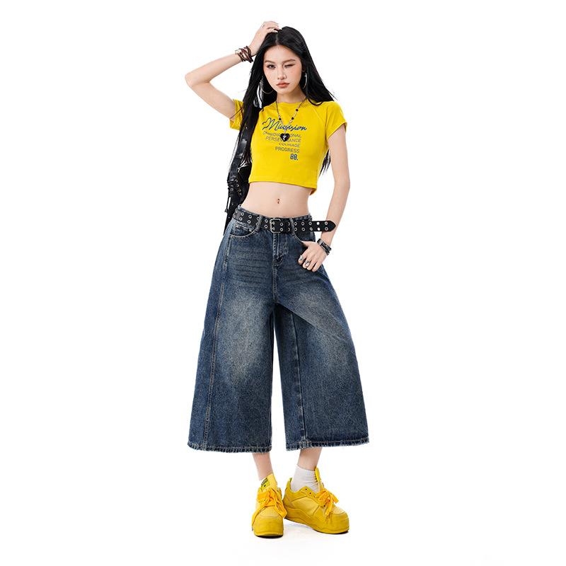 Spring and Summer New American Loose Wide-leg Eight-point Jeans Women's High-waisted and Thin Retro Seven-point Medium Pants