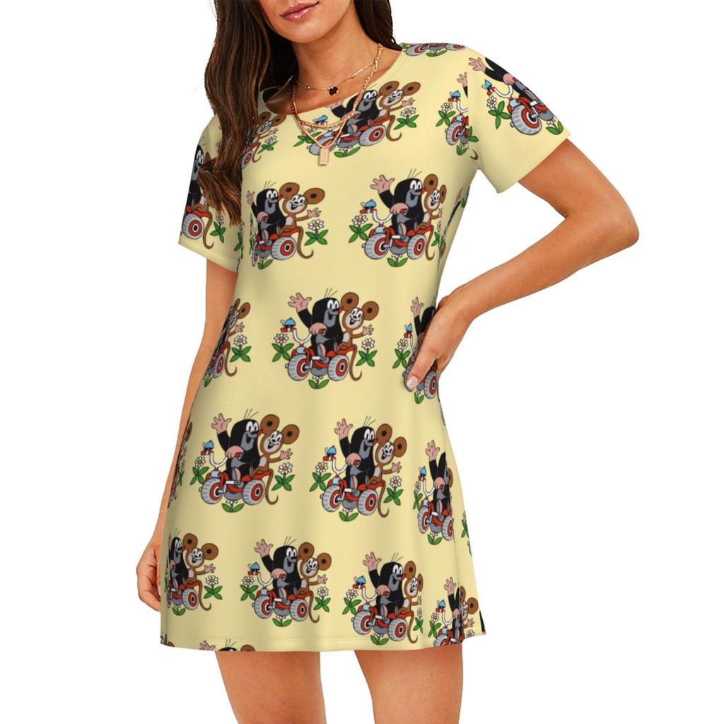 Cartoon Comic Damen Oversized Rundhals Modisches Lockeres Lässiges Sommerkleid mit Kurzen Ärmeln
