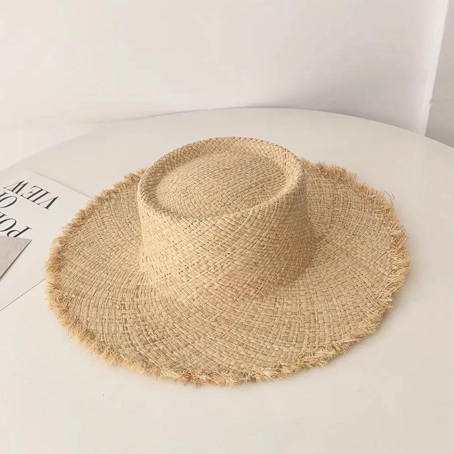Boater Straw Hat wide brim French elegant square ribbon women's sun hat holiday straw hat