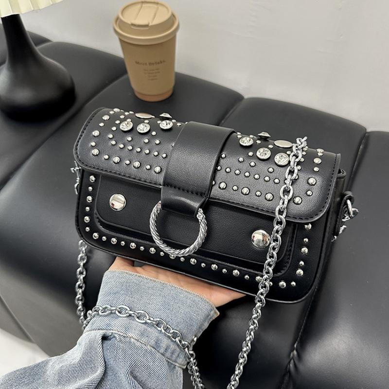 European American Luxury Studded Shoulder Bag Stylish Versatile Metal Chain Crossbody Bag Magnetic Buckle Small Square Bag