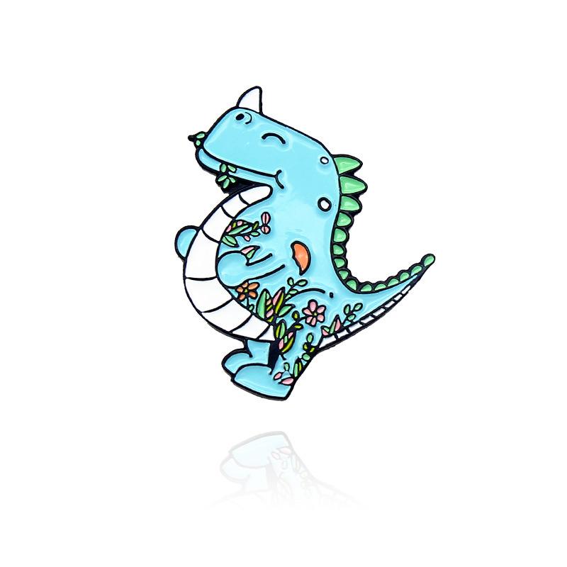 Floral Dinosaur Brooch: Pterodactyl & Triceratops Enjoying Plants