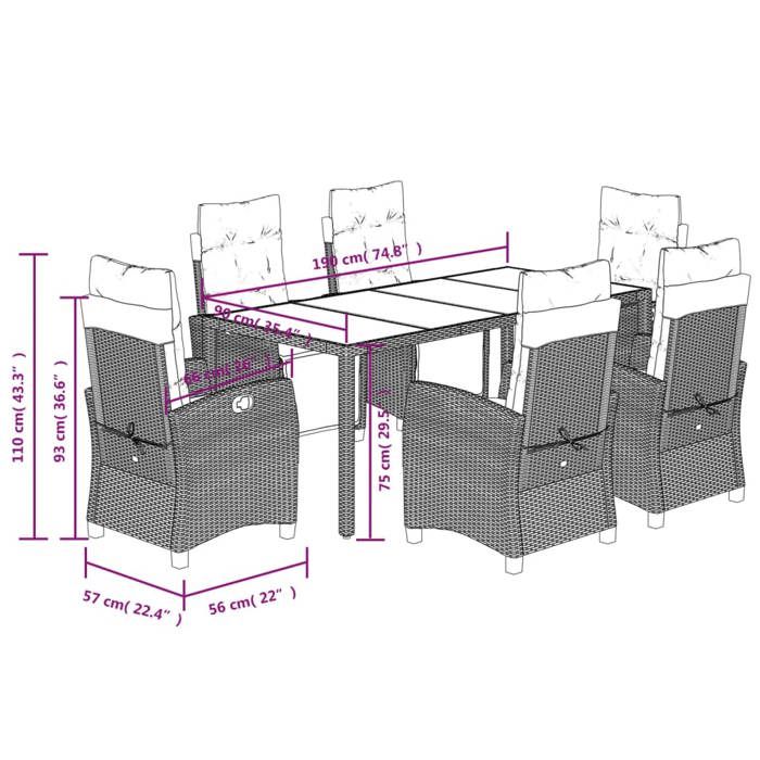 VidaXL 7-Piece Garden Dining Set with Cushions, Table and Chairs with Adjustable Backrest, Outdoor Furniture, 3212904