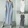 Large Cotton Linen Printed Summer Dress - Women's Loose Fit, Round Neck with Pockets.